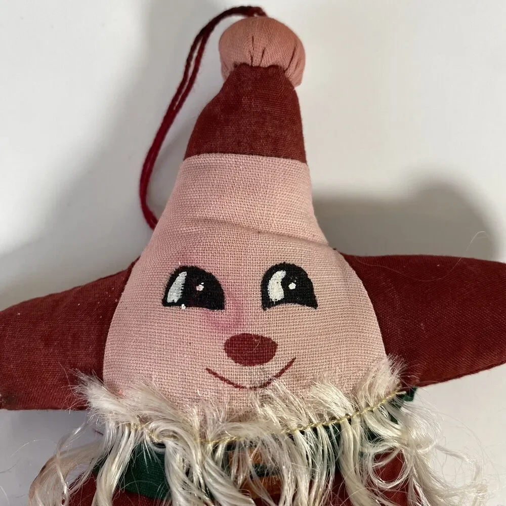 Vintage Christmas Ornaments Fabric Folk art Stuffed Bearded Star Santa Hand Made